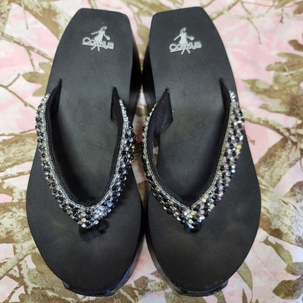 Corkys Black Rhinestone Embellished Platform Sandals Natasha Womens Size 10